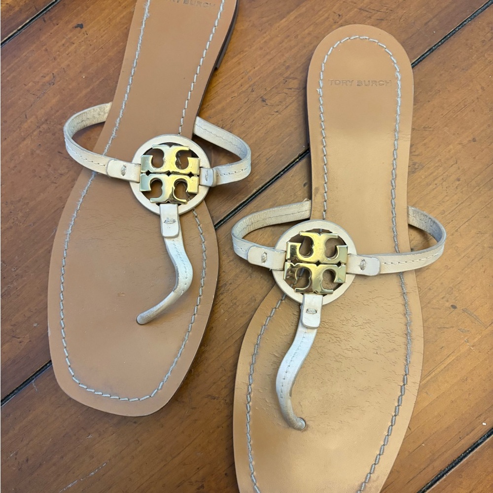 Tory Burch Tan and Gold Sandals with Gold Medallion
